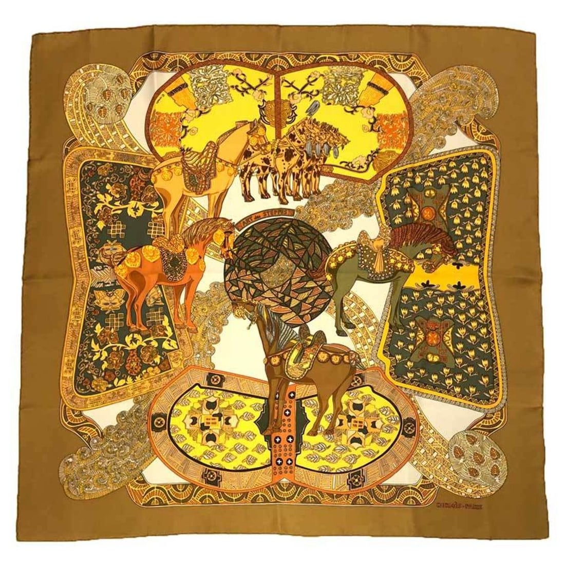 HERMES scarf/muffler, Carre 90, ART des STEPPES (Steps Art), yellow ochre, 100% silk.: --- Catalog ---Category: SizeSize (LxW): 90cm x 90cm / 35.43'' x 35.43''Category: DesignType: ScarfColor: YellowGender: WomenMaterial: Silk Category: GeneralBrand: HermesCountry of Origin: France--- I