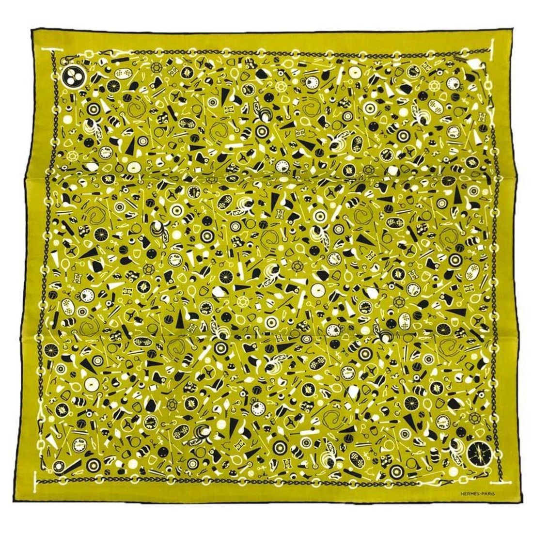 HERMES scarf/bandana, Carre 55, SPORTS EN VRAC, 100% cotton, khaki x black.: --- Catalog ---Category: DesignType: ScarfColor: Black, KhakiGender: WomenMaterial: Cotton Category: GeneralBrand: Hermes--- Item List ---Section: ConditionRanking: Rank S Used - Mint condition, like 