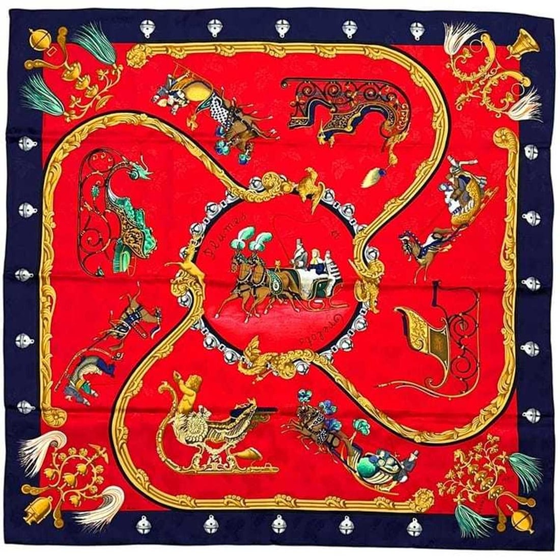 Hermes Scarf/Muffler, Carre 90, ec-25416, Red/Navy, Feather and Bell Design, Large Size, 100% Silk: --- Catalog ---Category: SizeSize (LxW): 88cm x 89cm / 34.64'' x 35.03''Category: DesignType: ScarfColor: Navy, Red colorGender: WomenMaterial: Silk Category: GeneralBrand: Hermes--- Item List ---Sect