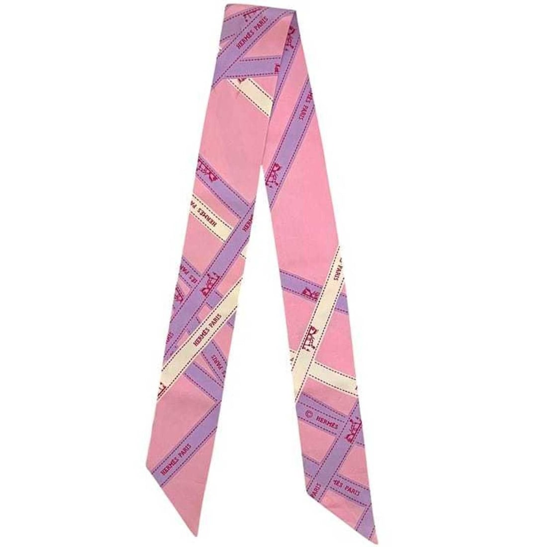 Hermes Ribbon Twilly Pink Boldic Pattern Scarf Muffler 100% Silk HERMES: --- Catalog ---Category: SizeSize (LxW): 84cm x 5cm / 33.07'' x 1.96''Category: DesignType: ScarfColor: PinkGender: WomenMaterial: Silk Category: GeneralBrand: Hermes--- Item List ---Section: Conditio