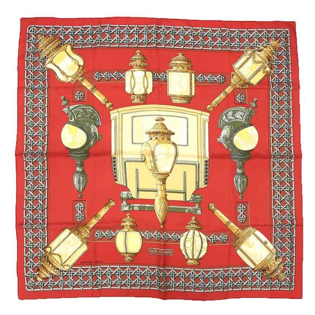 HERMES scarf/muffler, Carre 90, Feux de Route (carriage lantern), red, 100% silk.: --- Catalog ---Category: SizeSize (LxW): 90cm x 90cm / 35.43'' x 35.43''Category: DesignType: ScarfColor: Red colorGender: WomenMaterial: Silk Category: GeneralBrand: HermesCountry of Origin: France--