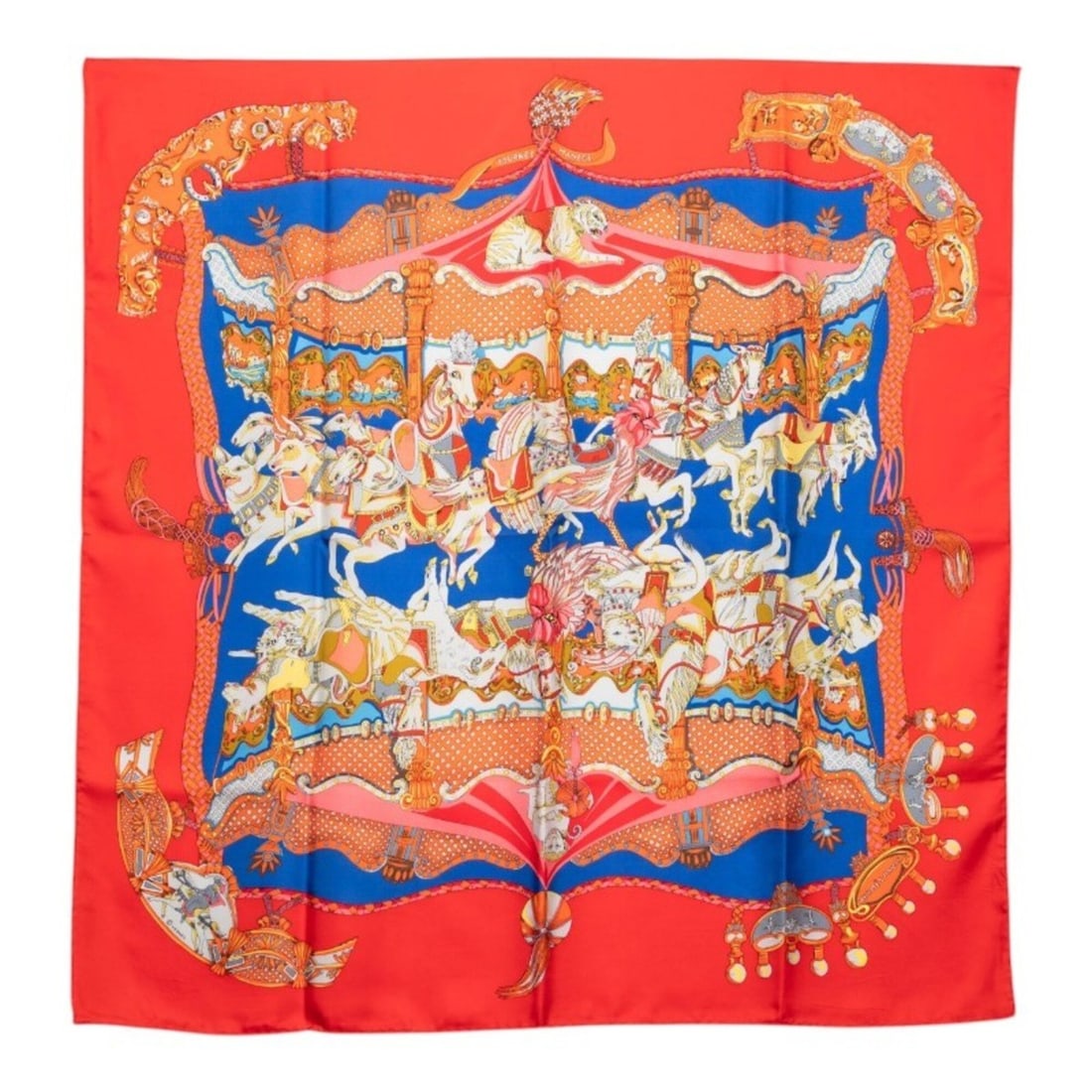 Hermes Carre 90 Tournez Manege Merry-go-round Scarf/Muffler, Red Multicolor Silk, Women's.: --- Catalog ---Category: SizeSize (LxW): 87cm x 84cm / 34.25'' x 33.07''Category: DesignType: ScarfColor: Multi-color, Red colorGender: WomenMaterial: Silk Category: GeneralBrand: Hermes--- Item List 