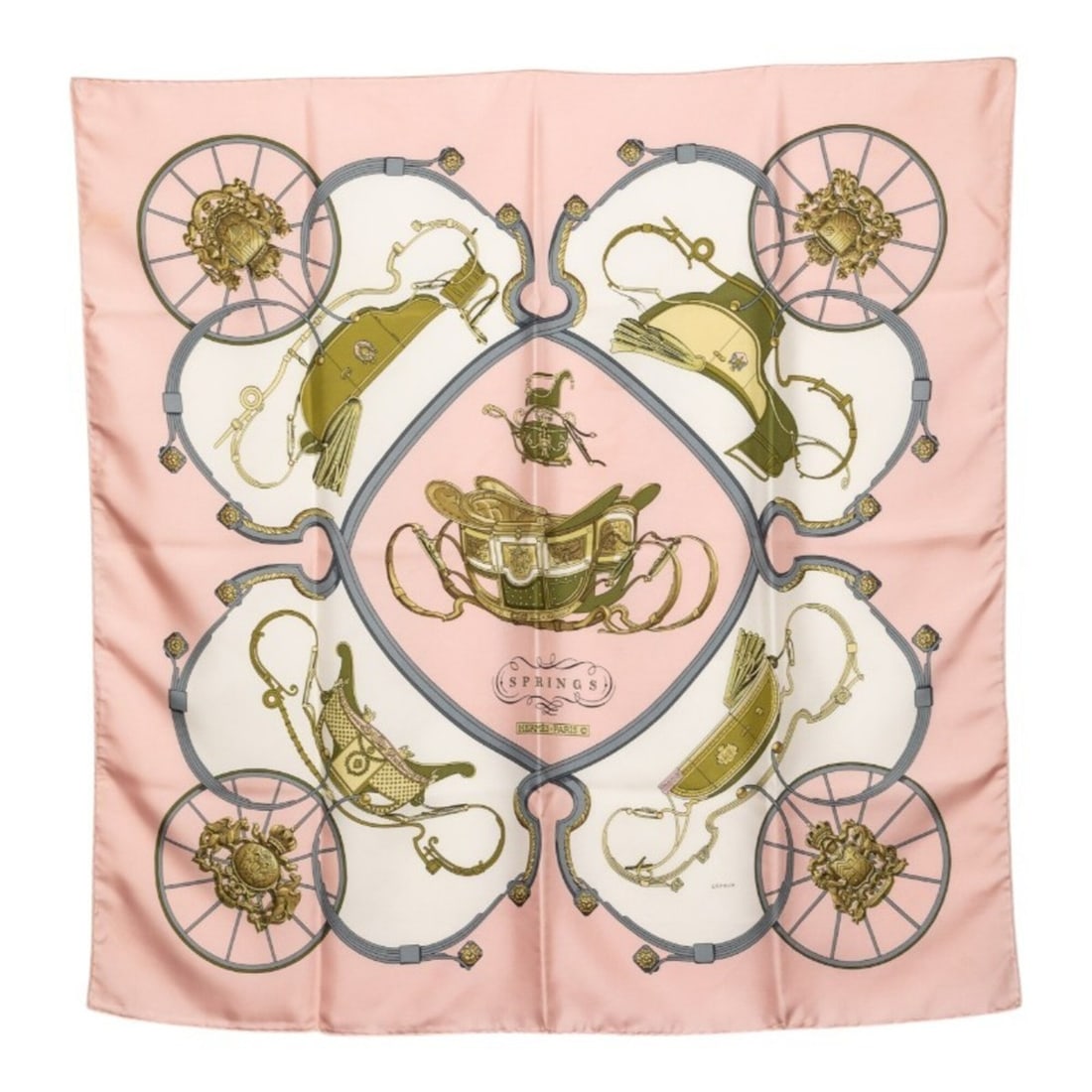 Hermes Carre 90 SPRINGS Carriage Pattern Scarf Muffler Pink Multicolor Silk Women's HERMES: --- Catalog ---Category: SizeSize (LxW): 88cm x 88cm / 34.64'' x 34.64''Category: DesignType: ScarfColor: Multi-color, PinkGender: WomenMaterial: Silk Category: GeneralBrand: Hermes--- Item List ---Se