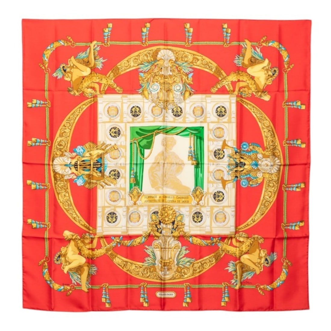Hermes Carre 90 Hommage a Charles Garnier Scarf/Muffler, Red Multicolor Silk, Women's: --- Catalog ---Category: SizeSize (LxW): 88cm x 88cm / 34.64'' x 34.64''Category: DesignType: ScarfColor: Multi-color, Red colorGender: WomenMaterial: Silk Category: GeneralBrand: Hermes--- Item List 