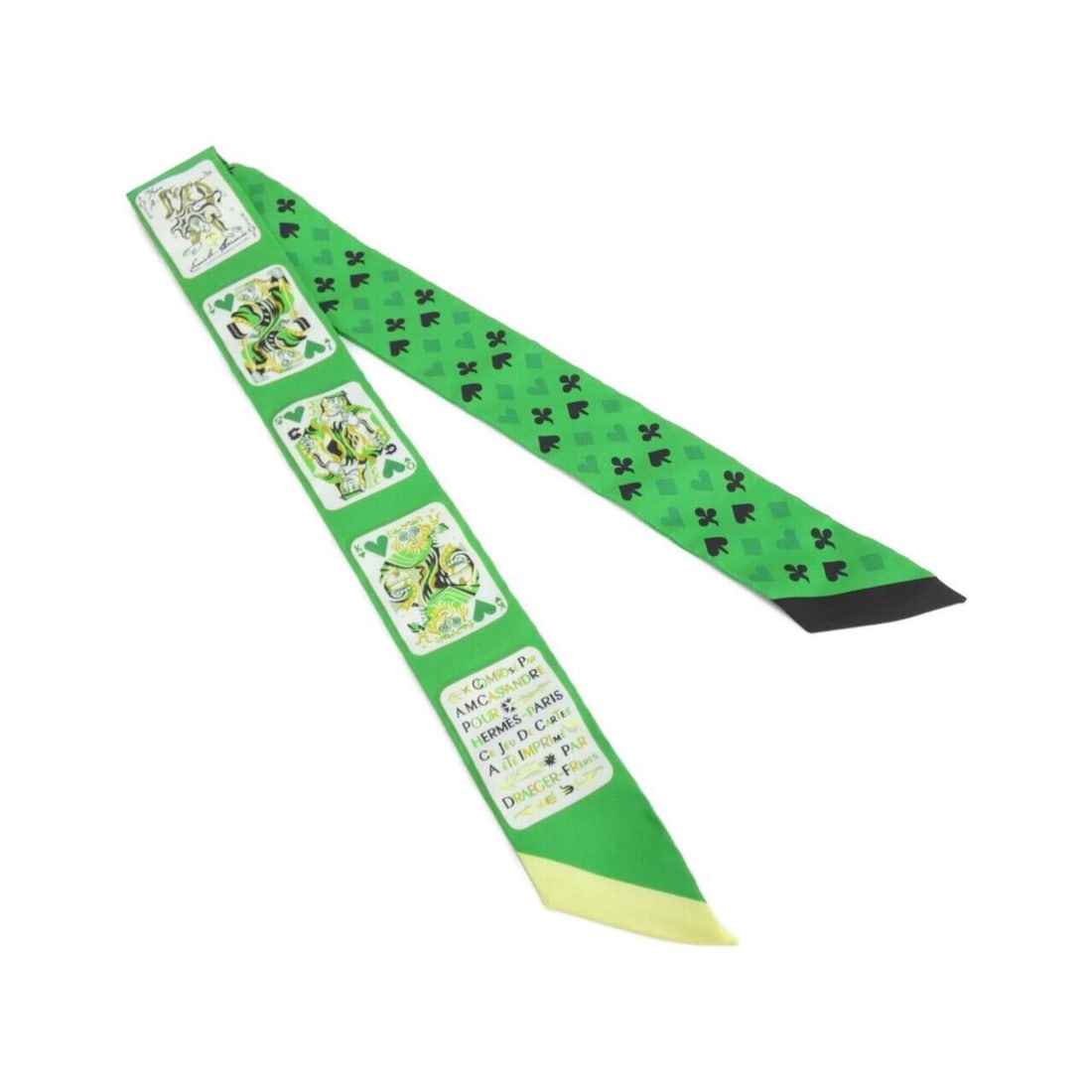 Hermes JEU DE CARTES Twilly 063169S Scarf Muffler: --- Catalog ---Category: SizeSize (LxW): 5cm x 86cm / 1.96'' x 33.85''Category: DesignType: ScarfColor: Black, Emerald, WhiteGender: Men,WomenMaterial: Silk Category: GeneralMPN: 063169SBrand: Hermes-