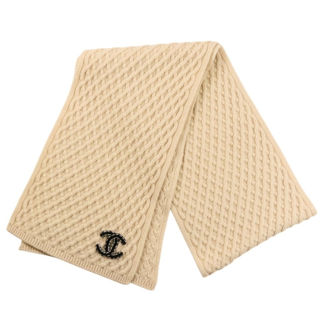 CHANEL Coco Mark Cashmere Cable Knit Scarf, Beige, Women's (1 of 17)