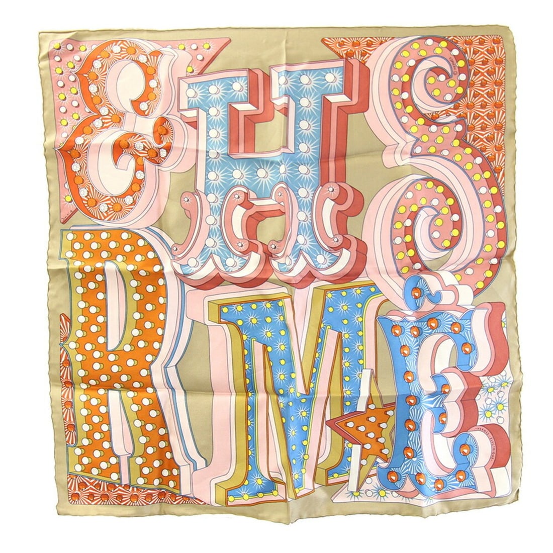 Hermes Scarf/Muffler, Carre 42 ELECTRIQUE, Beige/Light Pink, 100% Silk, Petit Carre/Mini Stole,: --- Catalog ---Category: SizeSize (LxW): 42cm x 41cm / 16.53'' x 16.14''Category: DesignType: ScarfColor: Beige, Light pinkGender: WomenMaterial: Silk 100%Category: GeneralBrand: HermesCountry of Orig