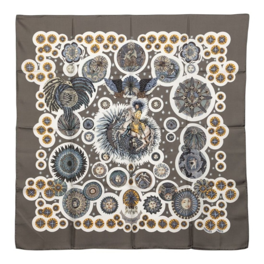 Hermes Carre 90 LE ROY SOLEIL (Sun King) Scarf/Muffler, Gray Multicolor Silk, Women's: --- Catalog ---Category: SizeSize (LxW): 87cm x 87cm / 34.25'' x 34.25''Category: DesignType: ScarfColor: Gray, Multi-colorGender: WomenMaterial: Silk Category: GeneralBrand: Hermes--- Item List ---Se
