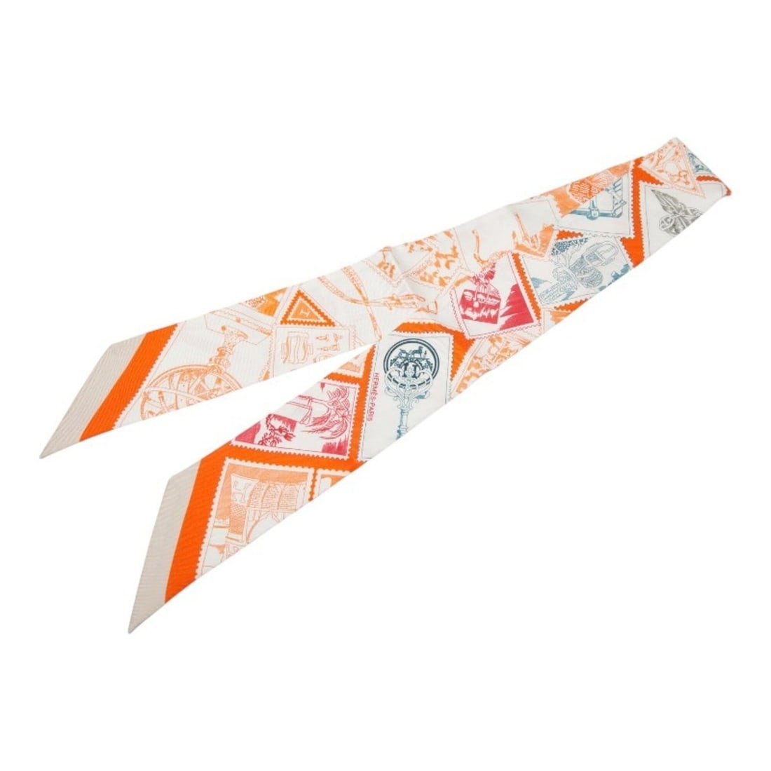 Hermes Twilly Le Philateliste du Faubourg (The Stamp Enthusiast) Scarf/Muffler White Multicolor: --- Catalog ---Category: SizeSize (LxW): 5.5cm x 88cm / 2.16'' x 34.64''Category: DesignType: ScarfColor: Multi-color, WhiteGender: WomenCategory: GeneralLine: TwillyBrand: Hermes--- Item List ---Sect