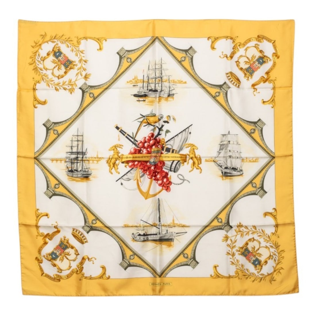 Hermes Carre 90 Bordeaux Porte Oceane (City Entrance) Scarf/Muffler, White/Yellow Silk, Women's.: --- Catalog ---Category: SizeSize (LxW): 87cm x 87.5cm / 34.25'' x 34.44''Category: DesignType: ScarfColor: White, YellowGender: WomenMaterial: Silk Category: GeneralBrand: Hermes--- Item List ---Sect