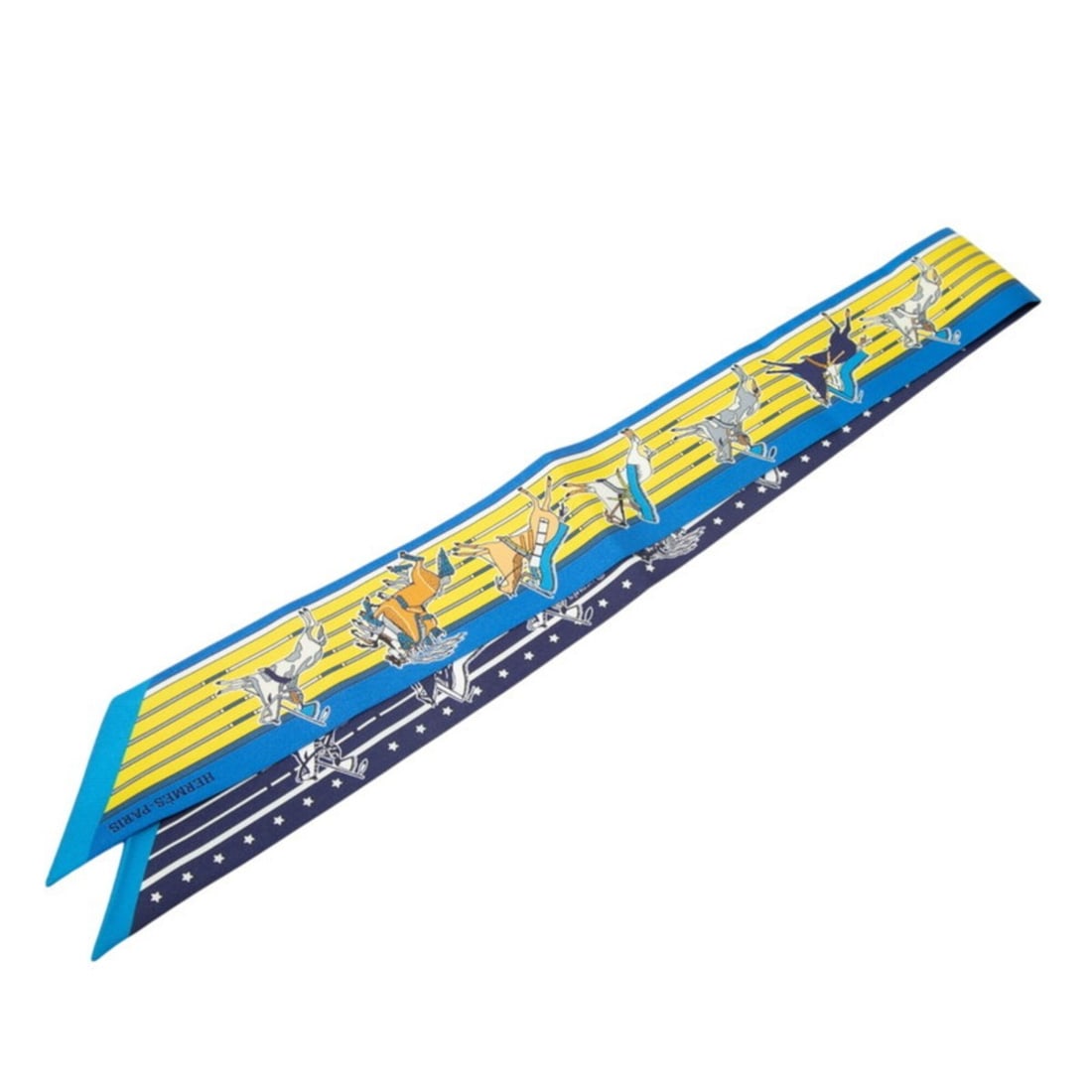 Hermes Twilly Pani La Shar Pawnee Chief Scarf Muffler Blue Yellow Silk Women's HERMES: --- Catalog ---Category: SizeSize (LxW): 85cm x 5cm / 33.46'' x 1.96''Category: DesignType: ScarfColor: Blue, YellowGender: WomenMaterial: Silk Category: GeneralBrand: Hermes--- Item List ---Section: 