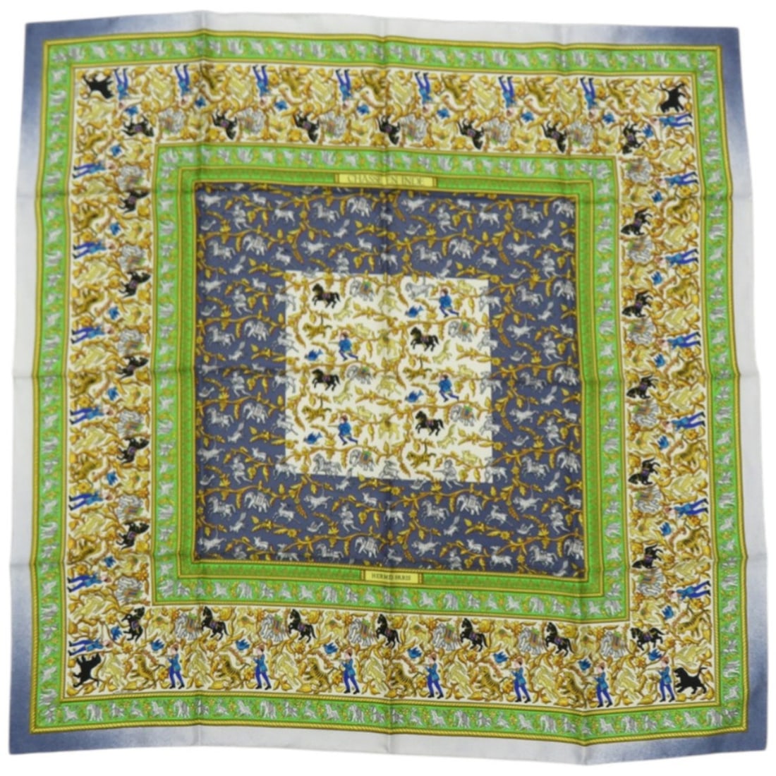 Hermes Carre 90 CHASSE EN INDE (Hunting in India) Silk Green Scarf/Muffler 0476HERMES: --- Catalog ---Category: SizeSize (LxW): 89cm x 89cm / 35.03'' x 35.03''Category: DesignType: ScarfColor: GreenGender: WomenMaterial: Silk Category: GeneralBrand: HermesCountry of Origin: India--- Ite