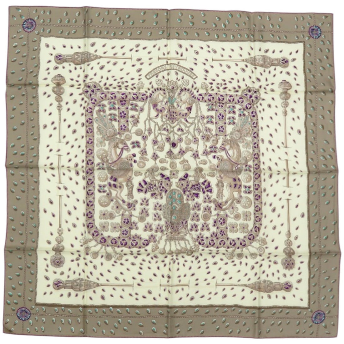 Hermes Carre 90 "Tresors Retrouves" Silk Cream Scarf/Muffler 0476HERMES: --- Catalog ---Category: SizeSize (LxW): 88cm x 89cm / 34.64'' x 35.03''Category: DesignType: ScarfColor: Cream, Gray, PurpleGender: WomenMaterial: Silk Category: GeneralBrand: HermesCountry of Origin