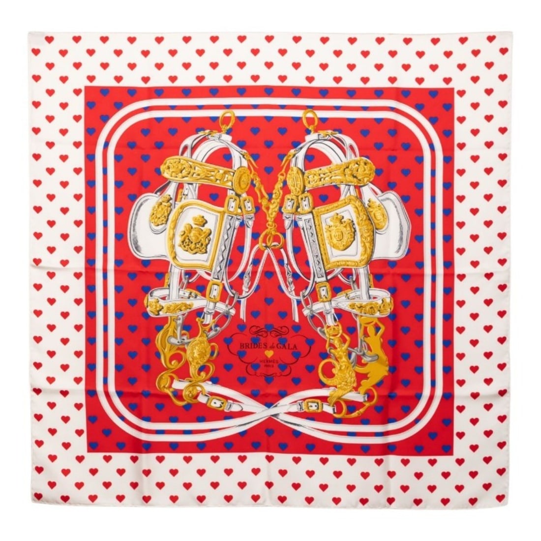 Hermes Carre 90 BRIDES de GALA LOVE Ceremonial Bridle Scarf/Muffler, Large Size, Red, White,: --- Catalog ---Category: SizeSize (LxW): 89cm x 88cm / 35.03'' x 34.64''Category: DesignType: ScarfColor: Multi-color, Red color, WhiteGender: WomenMaterial: Silk Category: GeneralBrand: Hermes--- Ite