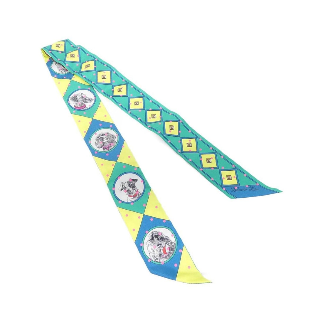 Hermes COLLIER ET CHIENS Twilly Plumetie 063603S Scarf Muffler: --- Catalog ---Category: SizeSize (LxW): 5cm x 86cm / 1.96'' x 33.85''Category: DesignType: ScarfColor: Green, YellowGender: Women,MenMaterial: Silk Category: GeneralMPN: 063603SBrand: Hermes--- Item 