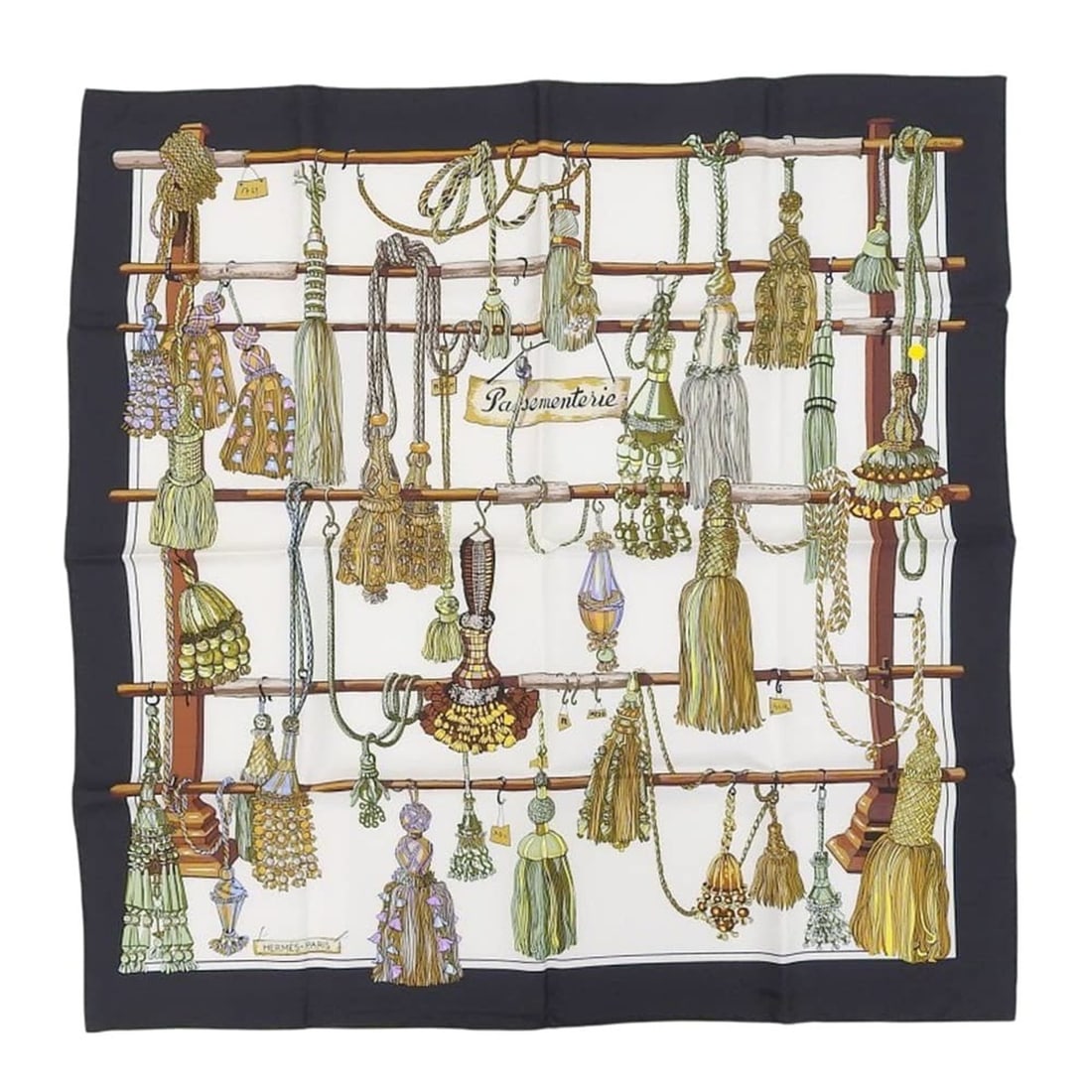 Like new Hermes Carre 90 Pasementerie drawstring scarf/muffler, silk, white x black with tassel.: --- Catalog ---Category: SizeSize (LxW): 90cm x 87cm / 35.43'' x 34.25''Category: DesignType: ScarfColor: Black, WhiteGender: WomenMaterial: Silk Category: GeneralBrand: Hermes--- Item List ---Section