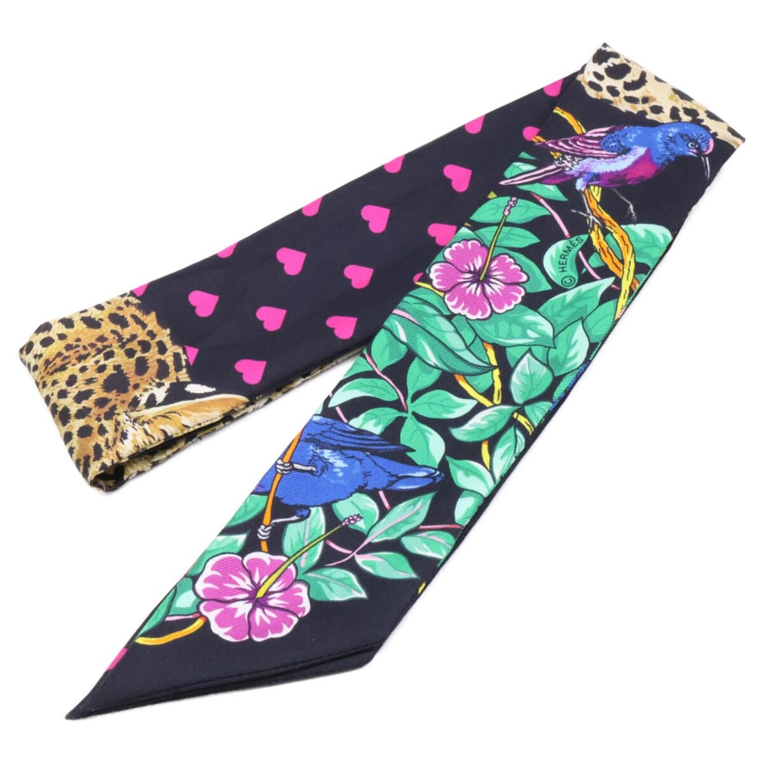 HERMES JUNGLE LOVE Silk Twilly Scarf, Black Multicolor, Women's: --- Catalog ---Category: SizeSize (LxW): 86cm x 5cm / 33.85'' x 1.96''Category: DesignType: ScarfColor: Black, Multi-colorGender: WomenMaterial: Silk Category: GeneralLine: TwillyBrand: Hermes--- Item