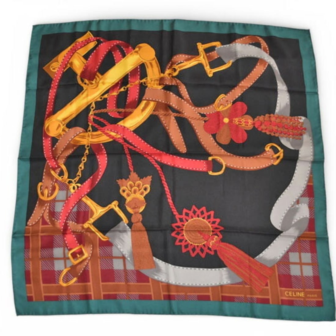 Celine scarf muffler, CELINE Carre 90, tassel, green, red, black: --- Catalog ---Category: SizeSize (LxW): 88cm x 88cm / 34.64'' x 34.64''Category: DesignType: ScarfColor: Black, Green, Red colorGender: WomenMaterial: Silk Category: GeneralBrand: CelineCountry of Or