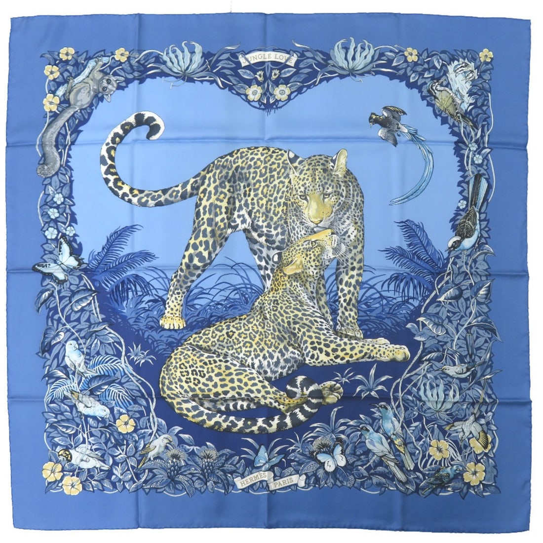 Hermes Carre 90 Jungle Love Silk Blue Scarf/Muffler 0390HERMES: --- Catalog ---Category: SizeSize (LxW): 88cm x 89cm / 34.64'' x 35.03''Category: DesignType: ScarfColor: BlueGender: WomenMaterial: Silk Category: GeneralBrand: HermesCountry of Origin: France---