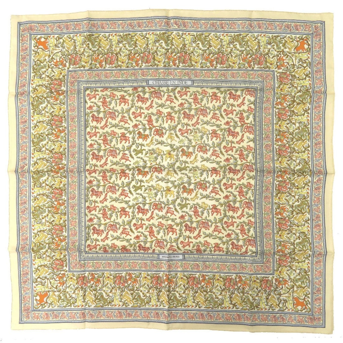 Hermes Carre 90 "Hunting in India" Scarf/Muffler, Silk, Ivory, Yellow, Light Blue, 0390HERMES: --- Catalog ---Category: PackNumber in Pack: 1Category: SizeSize (LxW): 87cm x 88.5cm / 34.25'' x 34.84''Category: DesignType: ScarfColor: Ivory, Light blue, YellowGender: WomenMaterial: Silk