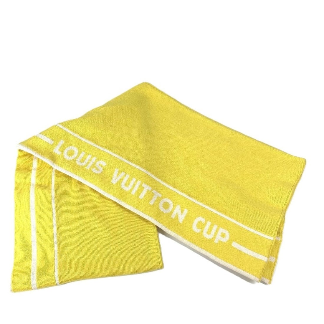 LOUIS VUITTON LVCUP Louis Vuitton Cup Logo Scarf Cotton Cashmere Men's Women's Yellow: --- Catalog ---Category: SizeSize (LxW): 29cm x 1.76m / 11.41'' x 69.29''Category: DesignType: StoleColor: White, YellowGender: Men,Women,UnisexMaterial: Cotton , Cashmere Category: GeneralBrand: Loui