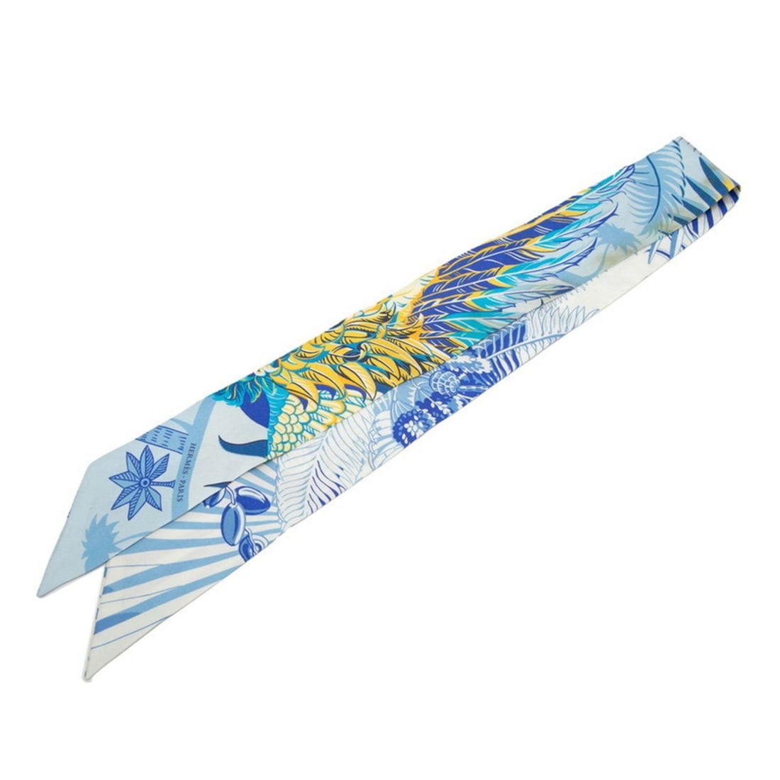 Hermes Twilly Mythiques Phoenix Coloriages (Phoenix Mythology Coloriages) Scarf/Muffler,: --- Catalog ---Category: SizeSize (LxW): 85cm x 5cm / 33.46'' x 1.96''Category: DesignType: ScarfColor: Blue, YellowGender: WomenMaterial: Silk Category: GeneralBrand: Hermes--- Item List ---Section: 