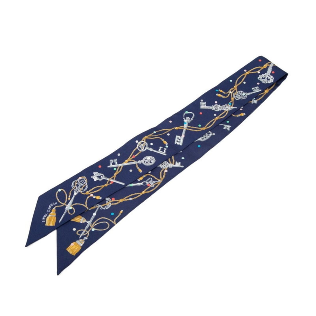 Hermes Twilly Les Cles a Pois Scarf Muffler Navy Multicolor Silk Women's HERMES: --- Catalog ---Category: SizeSize (LxW): 85cm x 5cm / 33.46'' x 1.96''Category: DesignType: ScarfColor: Multi-color, NavyGender: WomenMaterial: Silk Category: GeneralBrand: Hermes--- Item List ---Sect
