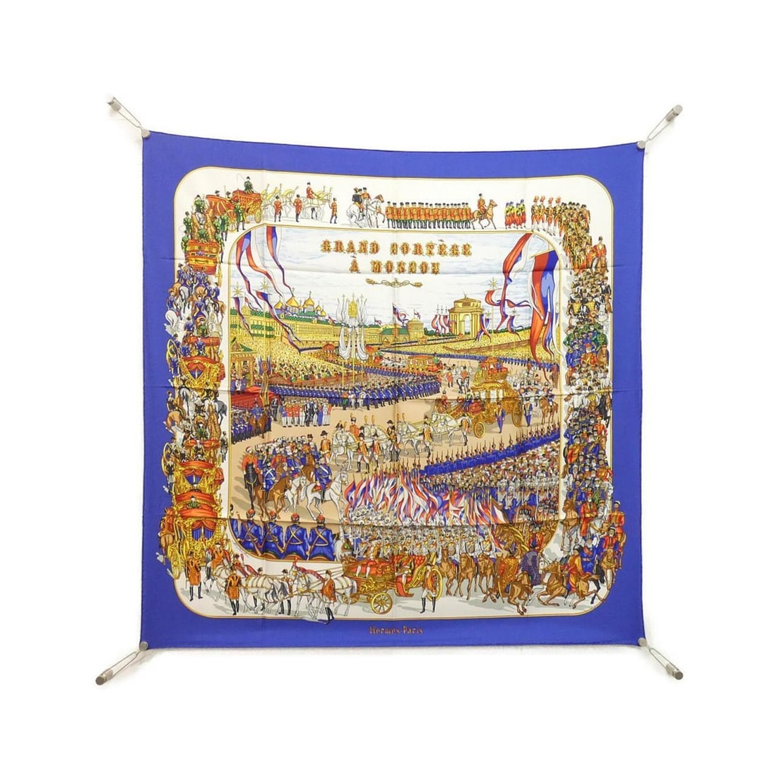 Hermes GRAND CORTEGE A MOSCON Carre Scarf Muffler: --- Catalog ---Category: SizeSize (LxW): 90cm x 90cm / 35.43'' x 35.43''Category: DesignType: ScarfColor: Blue, WhiteGender: WomenMaterial: Silk Category: GeneralBrand: Hermes--- Item List ---Section: