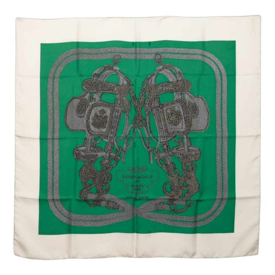 Hermes Carre 90 BRIDES de GALA Ceremonial Bridle Scarf/Muffler, Green, White, Gray, Silk, Women's: --- Catalog ---Category: SizeSize (LxW): 88cm x 86cm / 34.64'' x 33.85''Category: DesignType: ScarfColor: Gray, Green, WhiteGender: WomenMaterial: Silk Category: GeneralBrand: Hermes--- Item List ---S