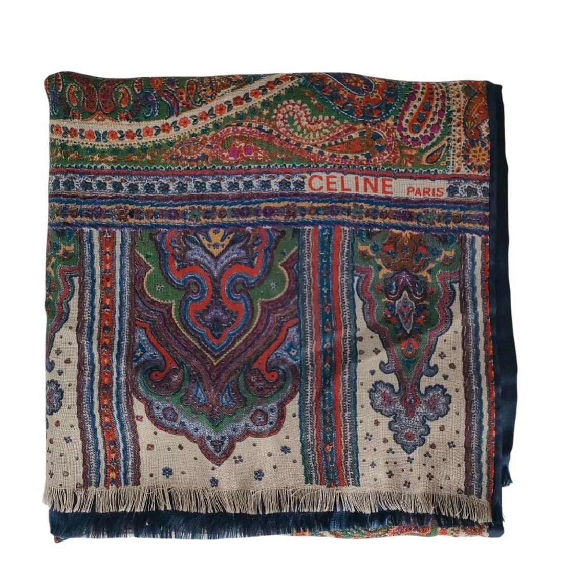 CELINE Vintage 100% Silk Paisley Fringe Stole/Scarf, Multicolor, Women's: --- Catalog ---Category: SizeSize (LxW): 1.78m x 44.5cm / 70.07'' x 17.51''Category: DesignType: ShawlColor: Multi-colorGender: WomenMaterial: Silk , Wool Category: GeneralBrand: Celine--- Item List -