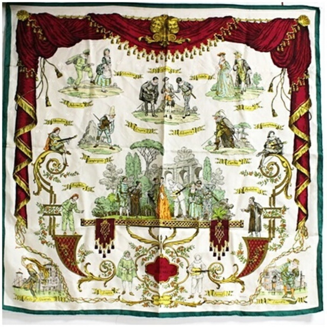 Hermes scarf/muffler, Carre 90, LA COMEDIE ITALIENNE (Italian Comedy), for women.: --- Catalog ---Category: SizeSize (LxW): 88cm x 88cm / 34.64'' x 34.64''Category: DesignType: ScarfColor: Ivory, Multi-colorGender: Men,WomenCategory: GeneralBrand: Hermes--- Item List ---Section: Con