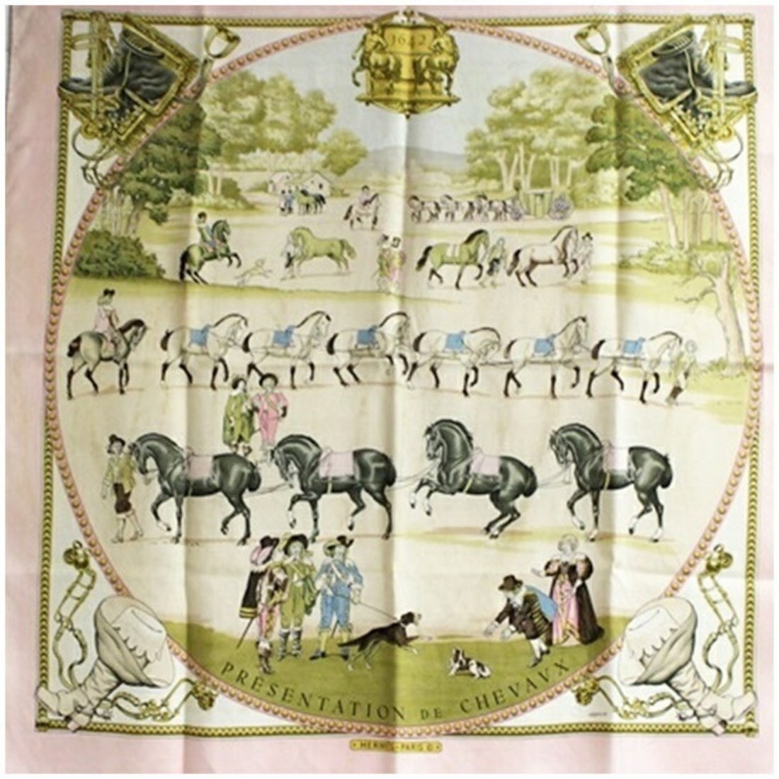 Hermes scarf/muffler, Carre 90, PRESENTATION DE CHEVAVX (Horse Presentation), HERMES, women's.: --- Catalog ---Category: DesignType: ScarfColor: Cream, PinkGender: Men,WomenCategory: GeneralBrand: Hermes--- Item List ---Section: ConditionRanking: Rank B Used - Traces of usage, damages / dirt can