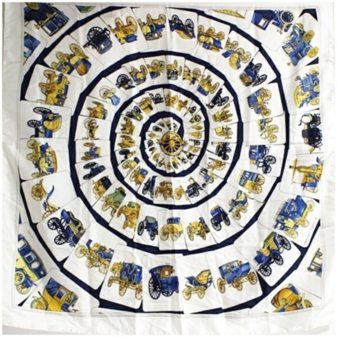 Hermes Silk Scarf Muffler Carre 90 CARROSSERIE Spiral Carriage HERMES Women's: --- Catalog ---Category: DesignType: ScarfColor: Navy, WhiteGender: Men,WomenMaterial: Silk Category: GeneralBrand: Hermes--- Item List ---Section: ConditionRanking: Rank A Used - A few traces of usag