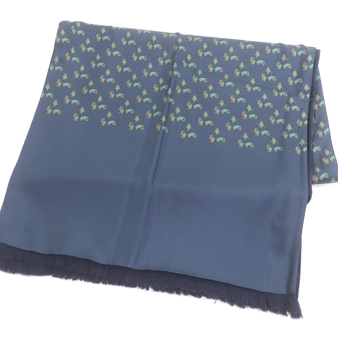 HERMES Silk Angora Horse Tack Pattern Fringe Scarf/Shawl, Navy, with Box, Made in France, Men's: --- Catalog ---Category: SizeSize (LxW): 1.4m x 43cm / 55.11'' x 16.92''Category: DesignType: ShawlColor: NavyGender: MenMaterial: Silk , Angora Category: GeneralBrand: HermesCountry of Origin: France