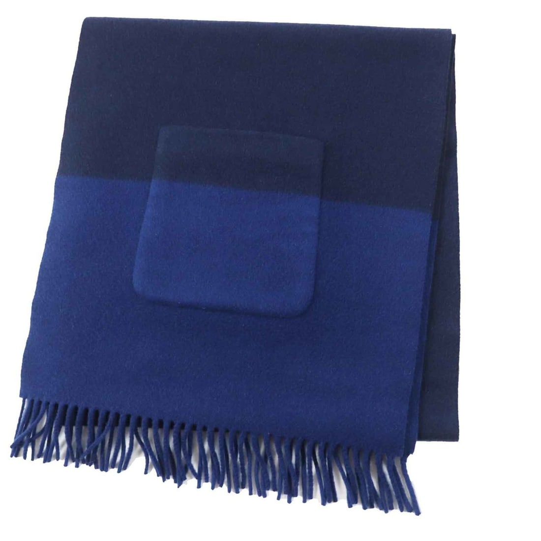 HERMES H259096S 100% Cashmere, Silk Lining in Pockets, Allumette Pocket, Bi-color, Fringed: --- Catalog ---Category: SizeSize (LxW): 2.04m x 46cm / 80.31'' x 18.11''Category: DesignType: StoleColor: Blue, NavyGender: WomenMaterial: Cashmere 100%, Silk 100%Category: GeneralBrand: HermesCountr