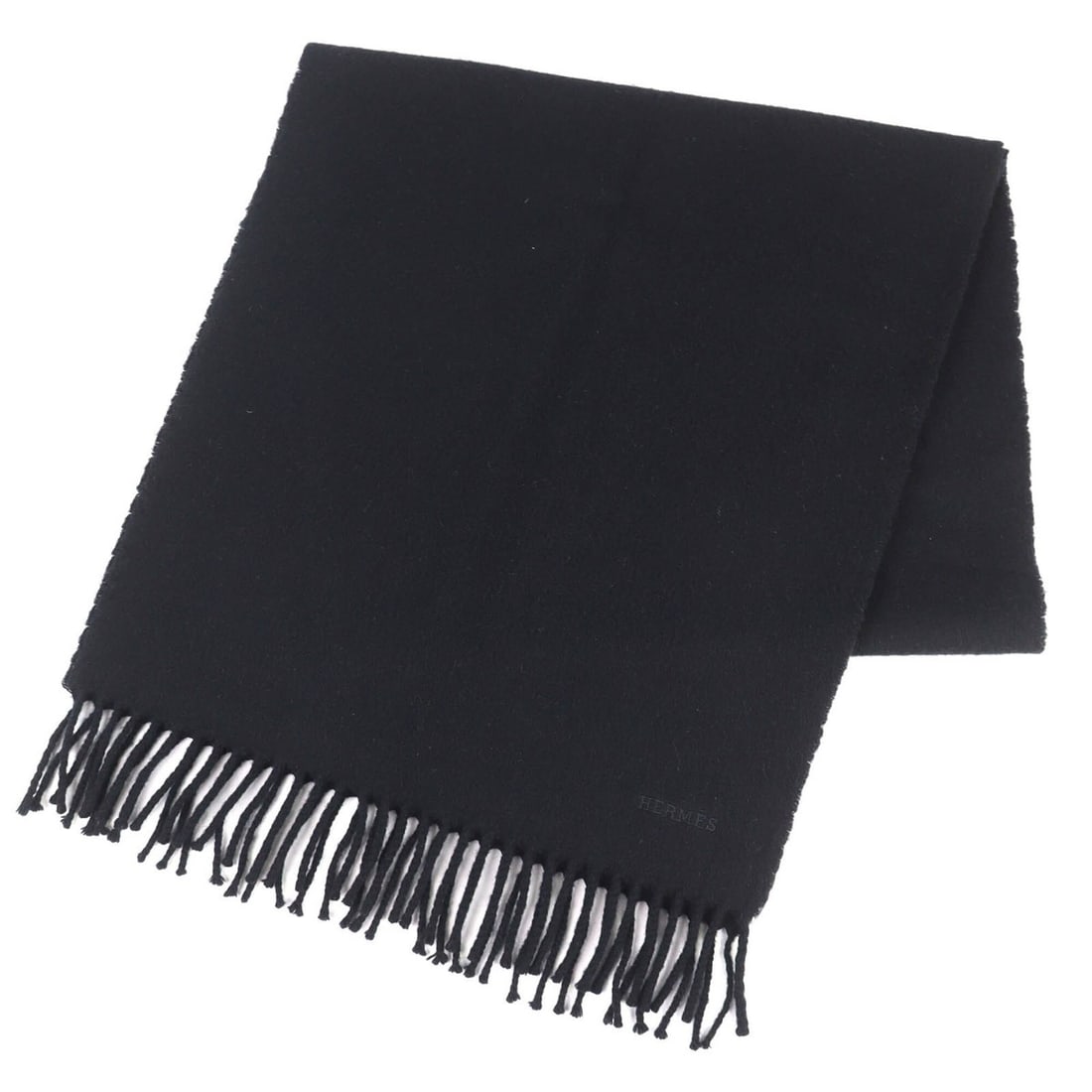 HERMES 100% Cashmere Scarf/Stole with Logo Embroidery and Fringe, Simple Design, Black, Made in: --- Catalog ---Category: SizeSize (LxW): 1.5m x 39cm / 59.05'' x 15.35''Category: DesignType: StoleColor: BlackGender: Men,WomenMaterial: Cashmere 100%Category: GeneralBrand: HermesCountry of Origin: 