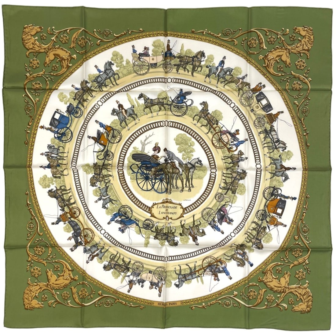 Hermes Carre 90 LA PROMENADE DE LONGCHAMPS (A Walk to Longchamp) Carriage Scarf/Muffler, Silk,: --- Catalog ---Category: SizeSize (LxW): 90cm x 89cm / 35.43'' x 35.03''Category: DesignType: ScarfColor: Green, Multi-colorGender: WomenMaterial: Silk Category: GeneralBrand: Hermes--- Item List ---S