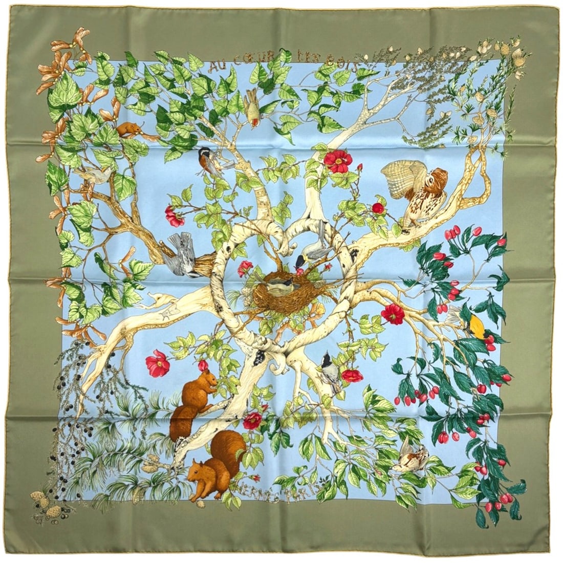Hermes Carre 90 AU COEUR DES BOIS (In the Forest) Silk Scarf/Shawl, Green, Multicolor, Women's: --- Catalog ---Category: SizeSize (LxW): 89cm x 89cm / 35.03'' x 35.03''Category: DesignType: ScarfColor: Green, Multi-colorGender: WomenMaterial: Silk Category: GeneralBrand: Hermes--- Item List ---S