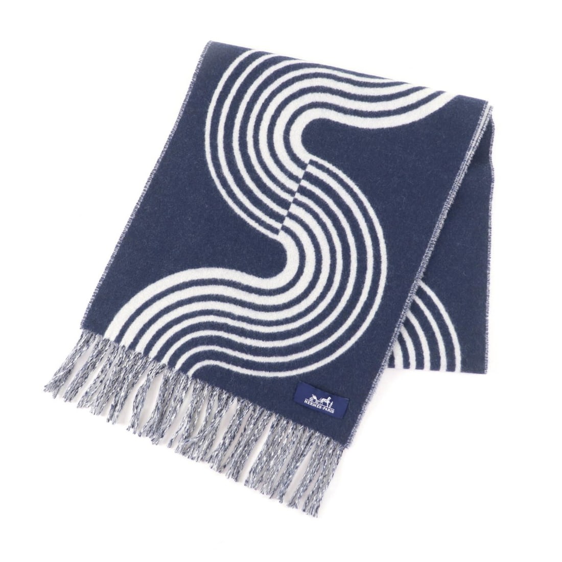 HERMES Casaque Vague 100% Cashmere Fringed Scarf, Navy and White, with Box, Made in England, Women's: --- Catalog ---Category: SizeSize (LxW): 1.39m x 30cm / 54.72'' x 11.81''Category: DesignType: StoleColor: Navy, WhiteGender: WomenMaterial: Cashmere Category: GeneralBrand: HermesCountry of Origin: U
