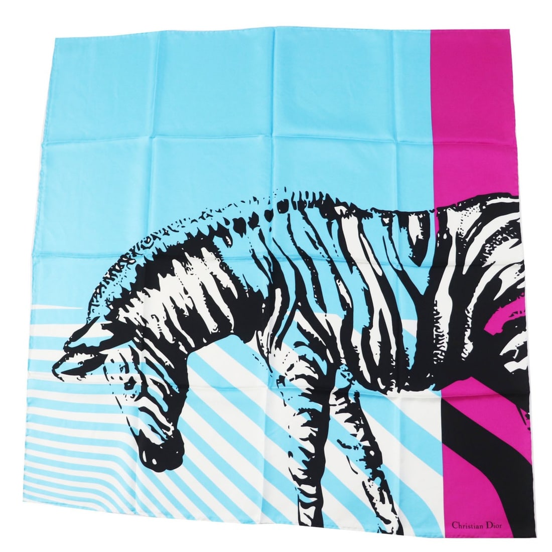 Christian Dior (2022 model) D-Jungle Pop 100% Silk Zebra Print Scarf/Muffler in Light Blue and: --- Catalog ---Category: SizeSize (LxW): 89cm x 88cm / 35.03'' x 34.64''Category: DesignType: ScarfColor: Light blue, PurpleGender: WomenMaterial: Silk 100%Category: GeneralBrand: Christian DiorCountr