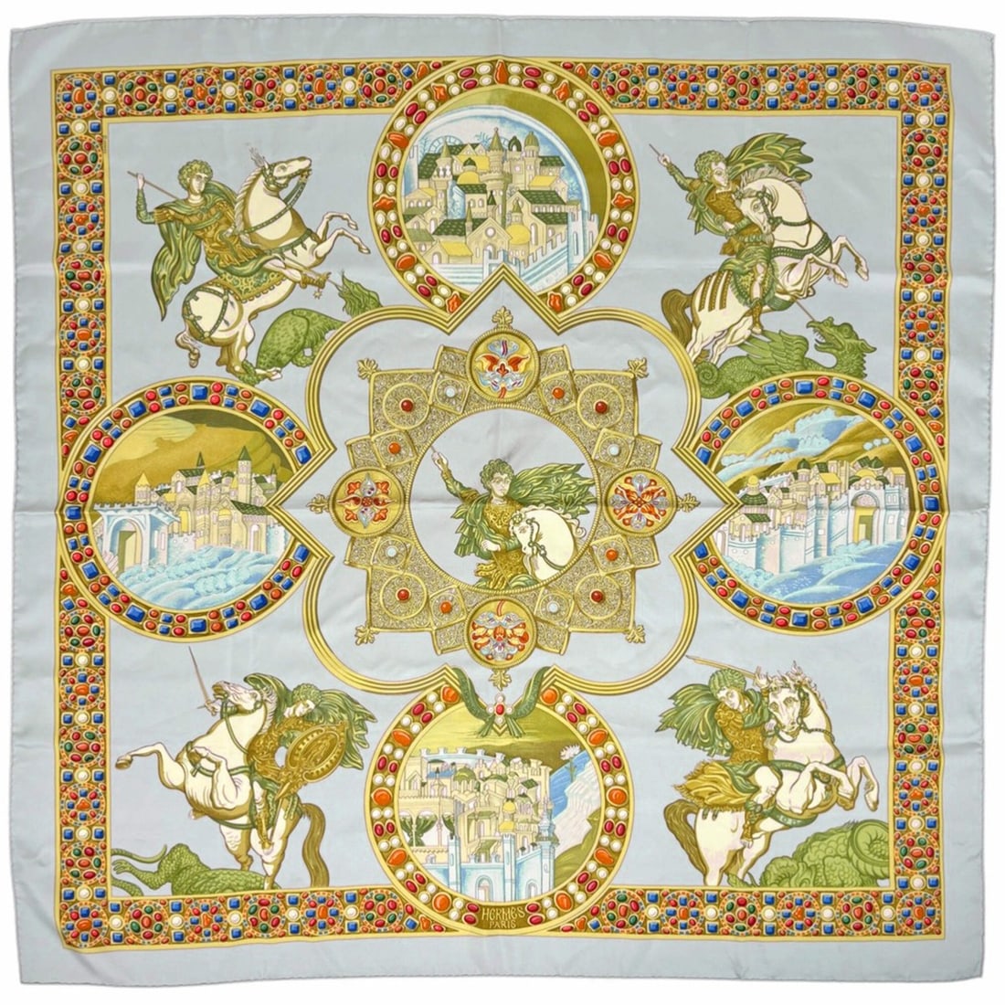 Hermes Carre 90 LE TRIOMPHE DU PALADIN (The Triumph of the Knight Justice) Silk Scarf/Shawl, Blue: --- Catalog ---Category: SizeSize (LxW): 90cm x 88cm / 35.43'' x 34.64''Category: DesignType: ScarfColor: Blue, Multi-colorGender: WomenMaterial: Silk Category: GeneralBrand: Hermes--- Item List ---Se