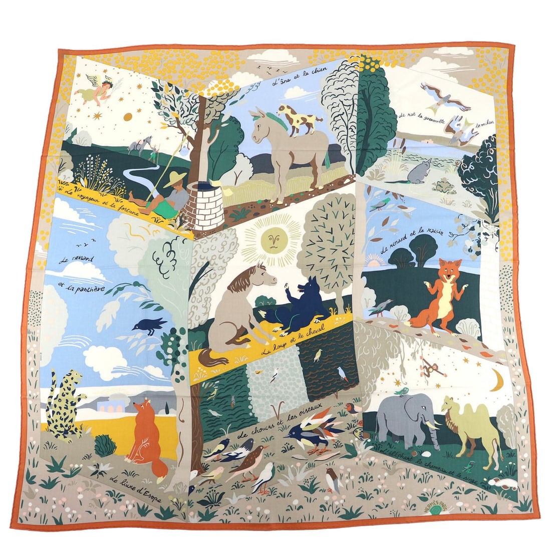 HERMES 25SS Le Livre d’Esope (Aesop's Fables) Cashmere Silk Scarf/Muffler, Orange Vert/Blue Ciel,: --- Catalog ---Category: SizeSize (LxW): 1.34m x 1.36m / 52.75'' x 53.54''Category: DesignType: ScarfColor: Blue, OrangeGender: WomenMaterial: Cashmere 70%, Silk 30%Category: GeneralBrand: HermesCount