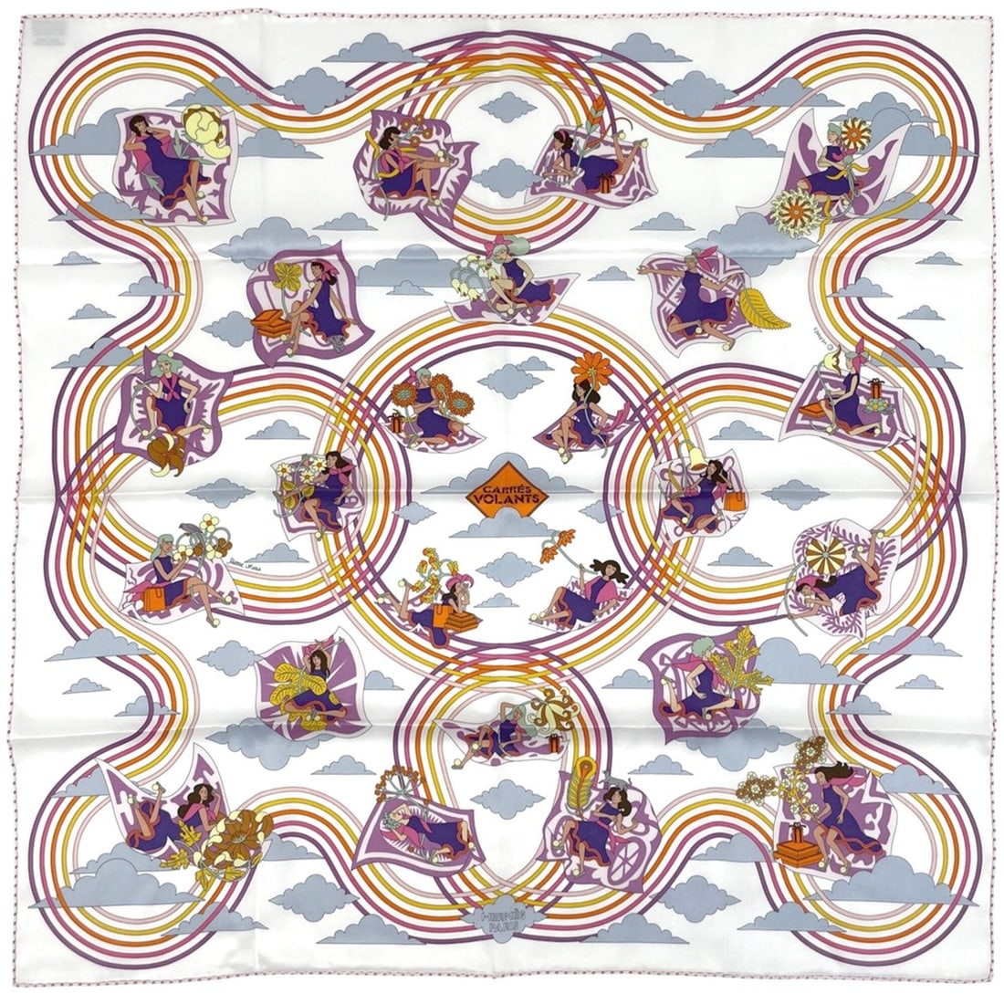 Hermes Carre 70 CARRES VOLANTS (Flying Scarf) Silk Scarf/Muffler in White and Multicolor for Women: --- Catalog ---Category: PackNumber in Pack: 1Category: SizeSize (LxW): 66cm x 67cm / 25.98'' x 26.37''Category: DesignType: ScarfColor: Multi-color, WhiteShape: SquareGender: WomenMaterial: Silk 100%