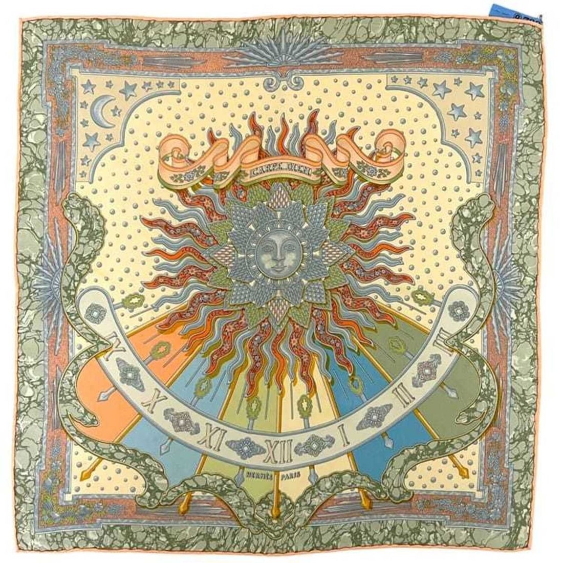 Hermes Scarf, Petit Carré, Pastel Colors, Green, Beige, CARPE DIEM (Sun, Day of Glory), Silk,: --- Catalog ---Category: SizeSize (LxW): 40cm x 40cm / 15.74'' x 15.74''Category: DesignType: ScarfColor: Beige, GreenGender: WomenMaterial: Silk Category: GeneralBrand: Hermes--- Item List ---Section