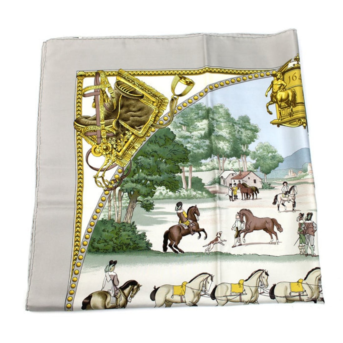 HERMES Carre 90 PRESENTATION DE CHEVAVX Scarf/Muffler, Gray, Women's: --- Catalog ---Category: SizeSize (LxW): 90cm x 88cm / 35.43'' x 34.64''Category: DesignType: ScarfColor: GrayGender: WomenMaterial: Silk Category: GeneralBrand: HermesCountry of Origin: France--- Ite