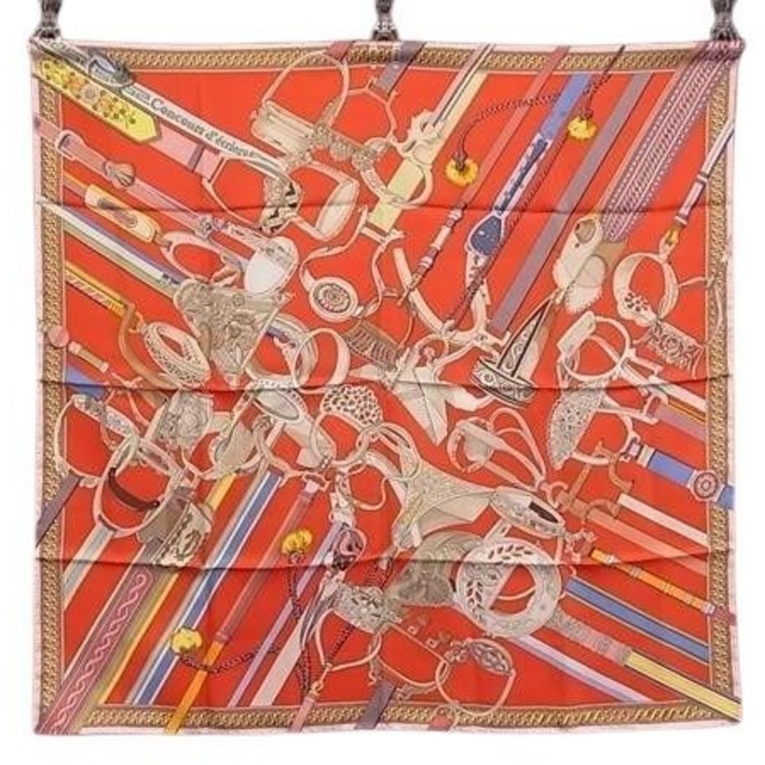 HERMES Hermes Large Scarf/Muffler Carre 90 Multicolor Silk Women's Concours d’etriers (The Etriers: --- Catalog ---Category: SizeSize (LxW): 88cm x 89cm / 34.64'' x 35.03''Category: DesignType: ScarfColor: Multi-color, Red colorGender: WomenMaterial: Silk Category: GeneralBrand: HermesCountry of Ori