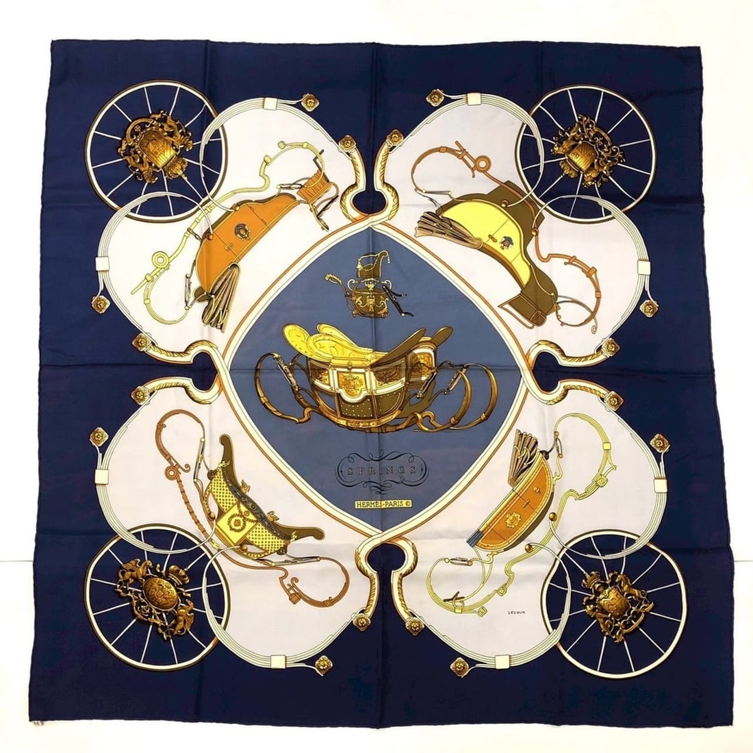 HERMES Carre 90 SPRINGS Scarf/Muffler, Silk, Navy, Women's: --- Catalog ---Category: SizeSize (LxW): 88cm x 88cm / 34.64'' x 34.64''Category: DesignType: ScarfColor: NavyGender: WomenMaterial: Silk Category: GeneralBrand: HermesCountry of Origin: France--- Ite