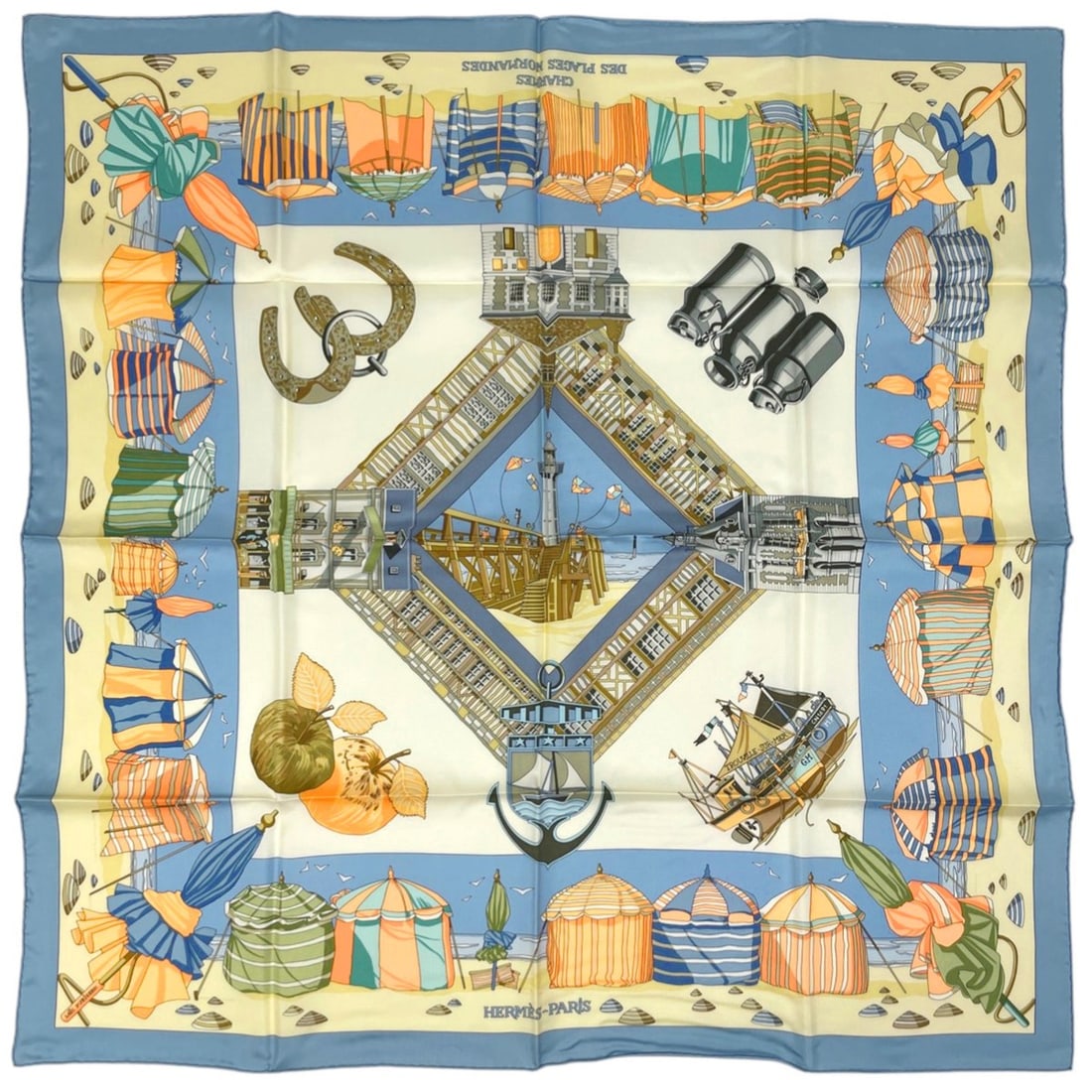 Hermès HERMES Carré 90 CHARMES DES PLAGES NORMANDES, a scarf that evokes the charm of Normandy: --- Catalog ---Category: SizeSize (LxW): 89cm x 89cm / 35.03'' x 35.03''Category: DesignType: ScarfColor: Blue, Multi-colorGender: WomenMaterial: Silk 100%Category: GeneralBrand: Hermes--- Item List -