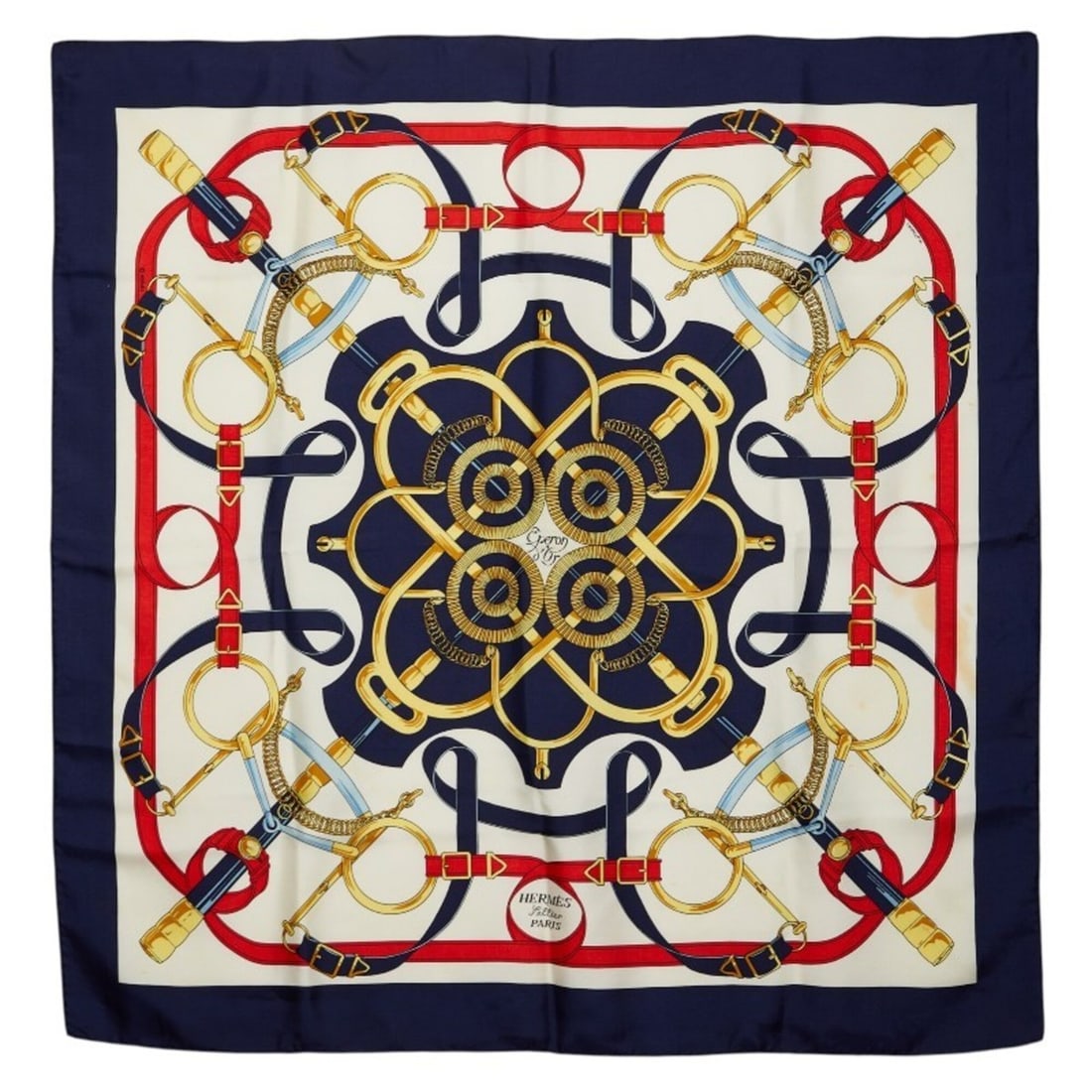 Hermes Carre 90 Eperon d'Or scarf/muffler, navy/multicolor, women's.: --- Catalog ---Category: SizeSize (LxW): 88cm x 87cm / 34.64'' x 34.25''Category: DesignType: ScarfColor: Multi-color, NavyGender: WomenCategory: GeneralBrand: Hermes--- Item List ---Section: Conditio