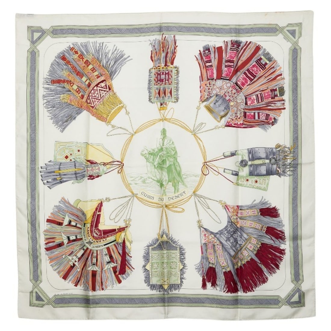 Hermes Carre 90 euirs du Desert (Desert Necklace) Scarf/Muffler, White/Multicolor Silk, Women's.: --- Catalog ---Category: SizeSize (LxW): 89cm x 87cm / 35.03'' x 34.25''Category: DesignType: ScarfColor: Multi-color, WhiteGender: WomenMaterial: Silk Category: GeneralBrand: Hermes--- Item List ---S